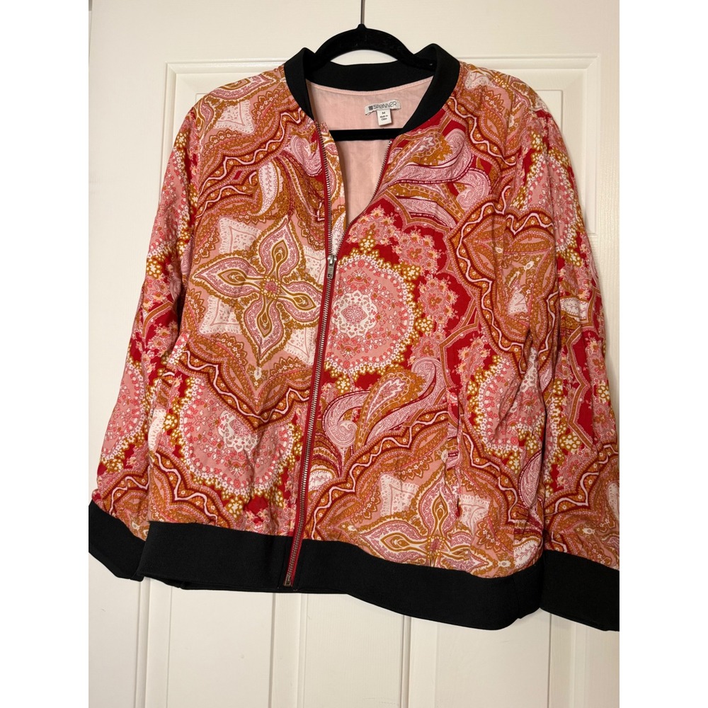 Spanner Womens Red Paisley Print Bomber Jacket Zip Front Boho Medallion Size M